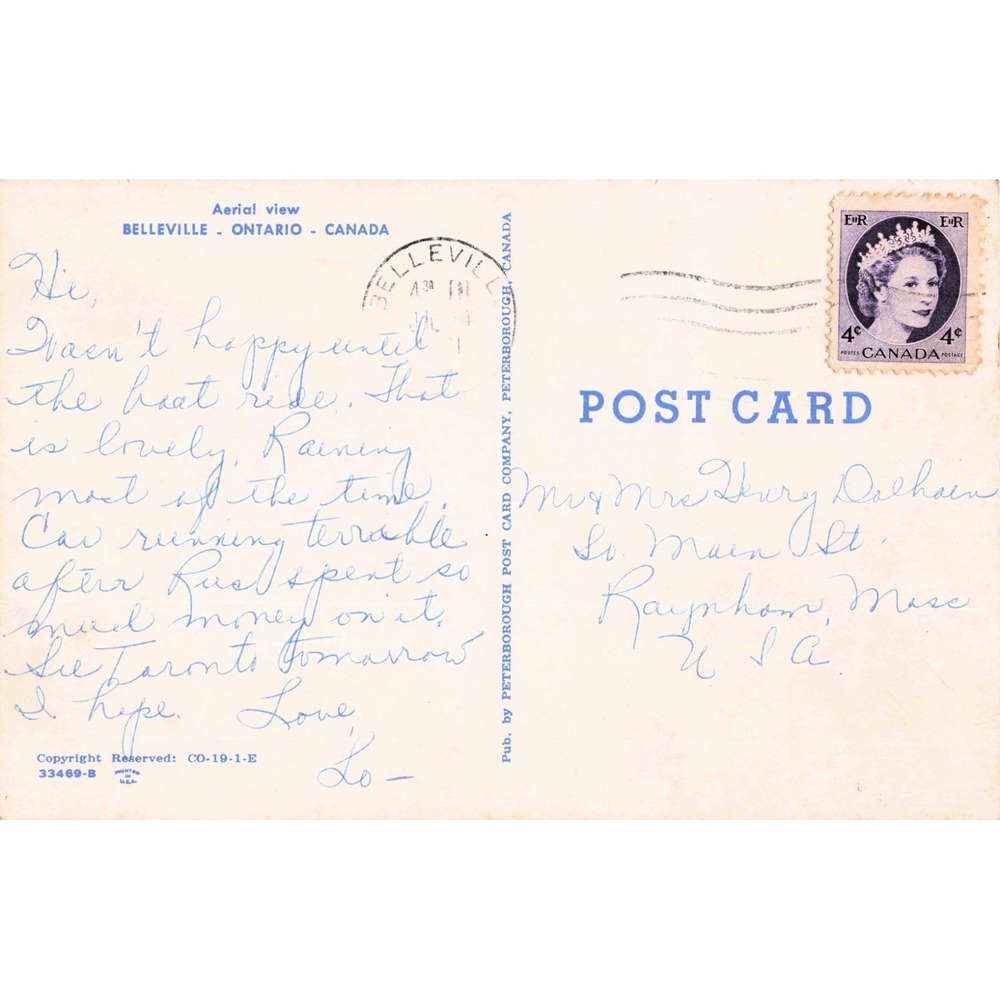 Vintage Aerial View Belleville Ontario Canada Postcard 1961 Postmark VG Chrome - Picture 2 of 2